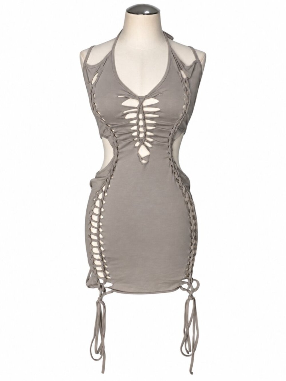 Darker Wavs XL Ecru Shredded Cutout Mini Dress Lace Up Cyber Goth Y2K Rave